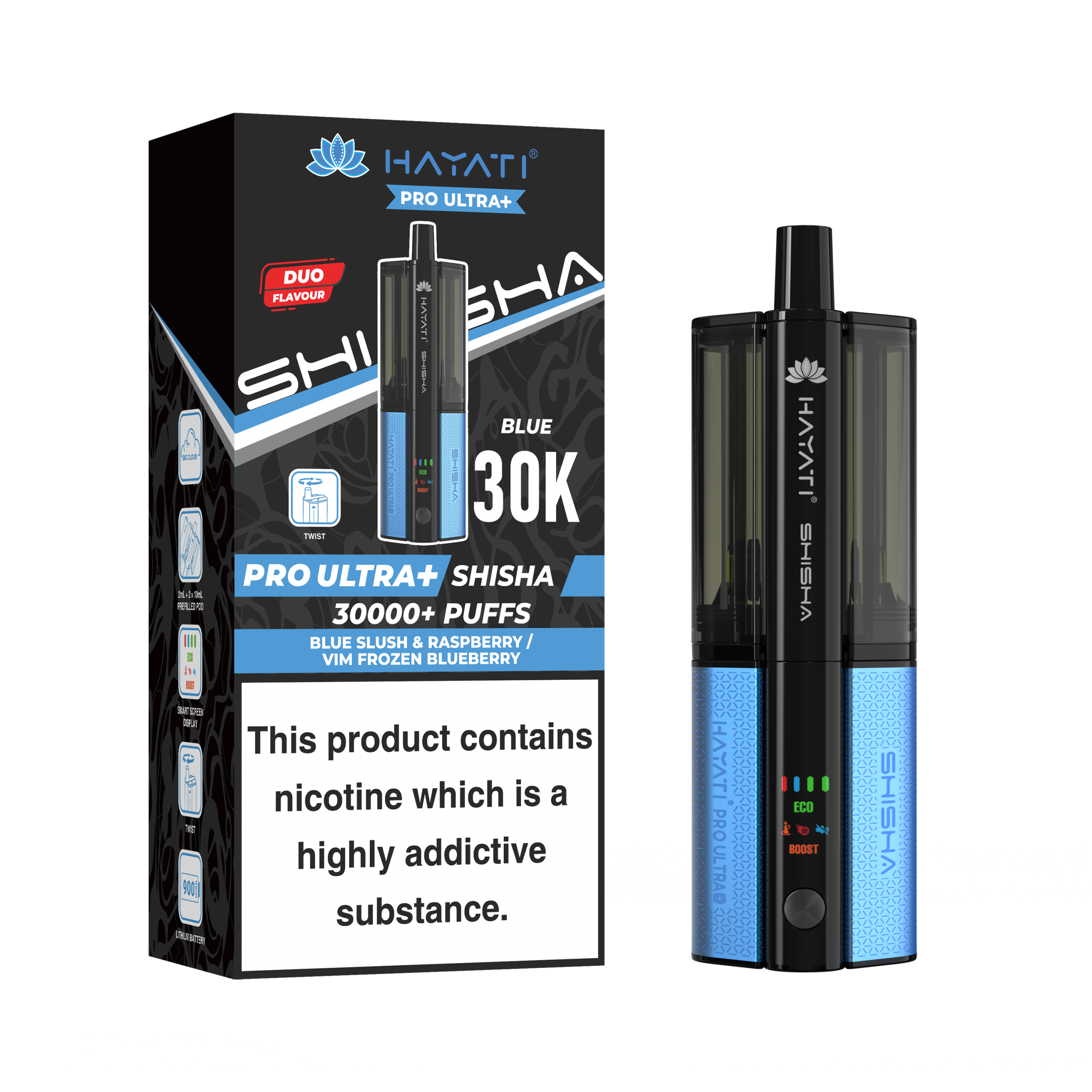 Hayati Pro Ultra Plus Shisha 30K KIT Blue Slush & Raspberry / Vim Frozen Blueberry