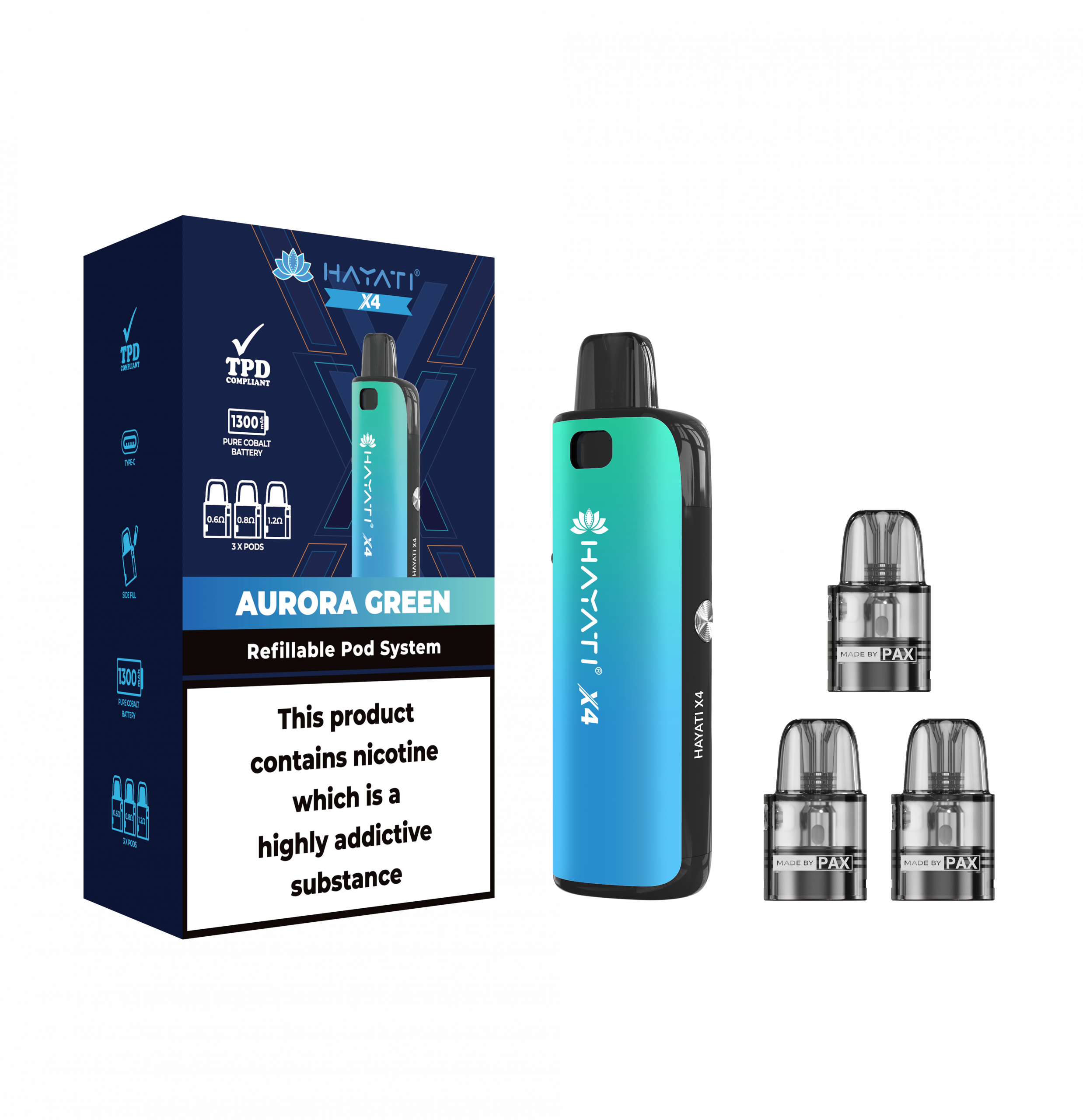 Hayati x4 refillable pod system Aurora green